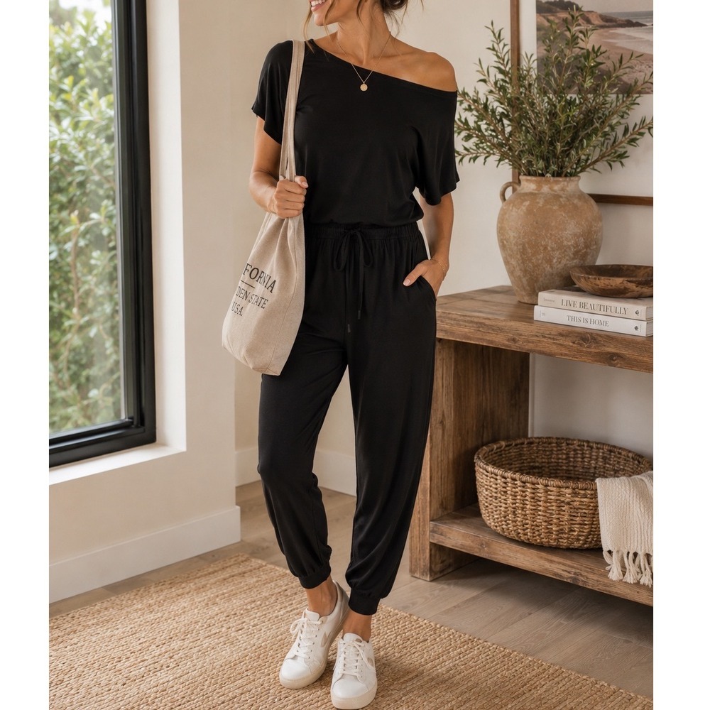 Knix Black Modal Off Shoulder Drawstring Jogger Jumpsuit Size Medium